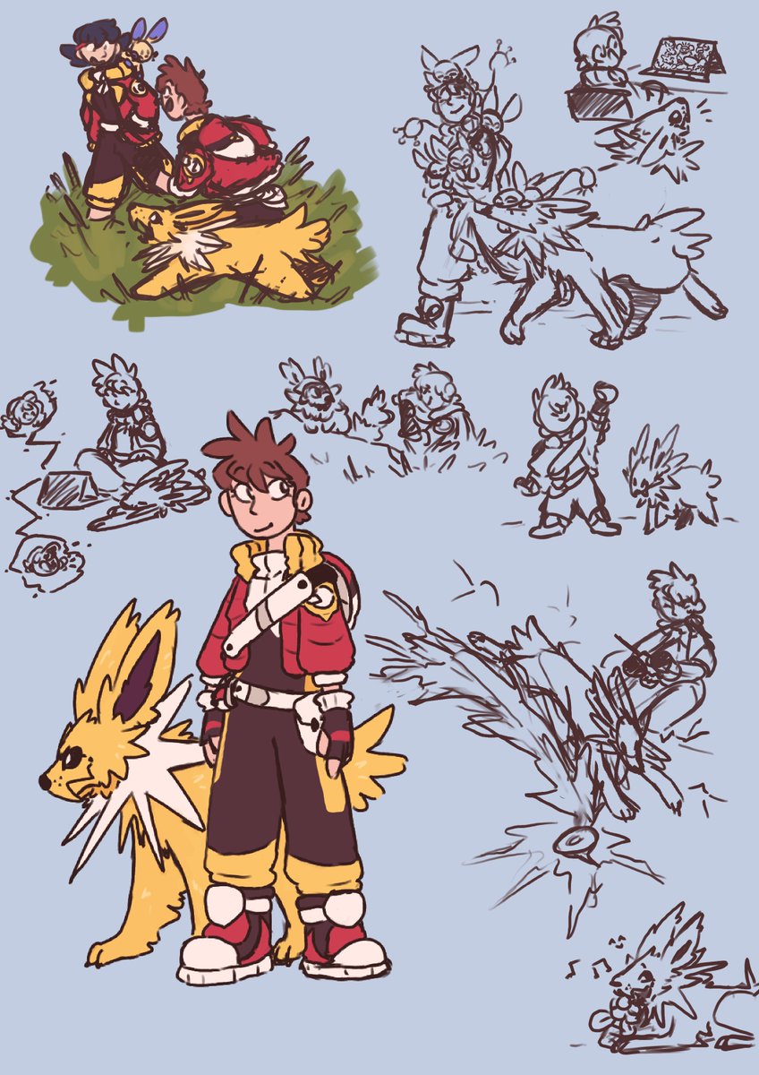 Fallow_Foot's tweet photo. I’ve had this headcannon for a bit that after LGPE Trace eventually becomes a Pokémon ranger alongside his partner jolteon! https://t.co/Jq9aNtluD8