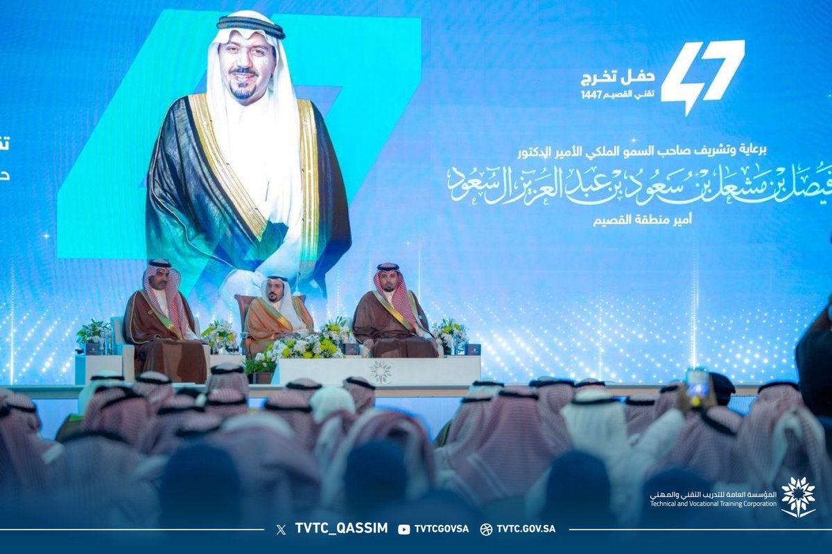 tvtc_qassim's tweet photo. بعد رعاية سموه خلال حفل تخريج متدربي ومتدربات الكليات التقنية والمعاهد بالمنطقة ..  

سمو #أمير_منطقة_القصيم :  
ما تحققه الكليات التقنية والمعاهد من مخرجات نوعية يأتي بفضل من الله ثم بدعم القيادة الرشيدة – أيدها الله – وحرصها على تأهيل الكوادر الوطنية بالمهارات التي تلبي احتياجات سوق العمل وتواكب مستهدفات #رؤية_السعودية_2030.