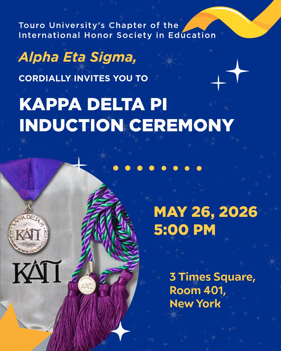 TouroGSE's tweet photo. #SaveTheDate! Join us to celebrate the newest Alpha Eta Sigma Chapter of Kappa Delta Pi members! 🎓🍎 We look forward to welcoming our candidates, families, and community to recognize the dedication of our new initiates.
#TouroGSE #KappaDeltaPi #FutureEducators https://t.co/FXcYgrdjAD