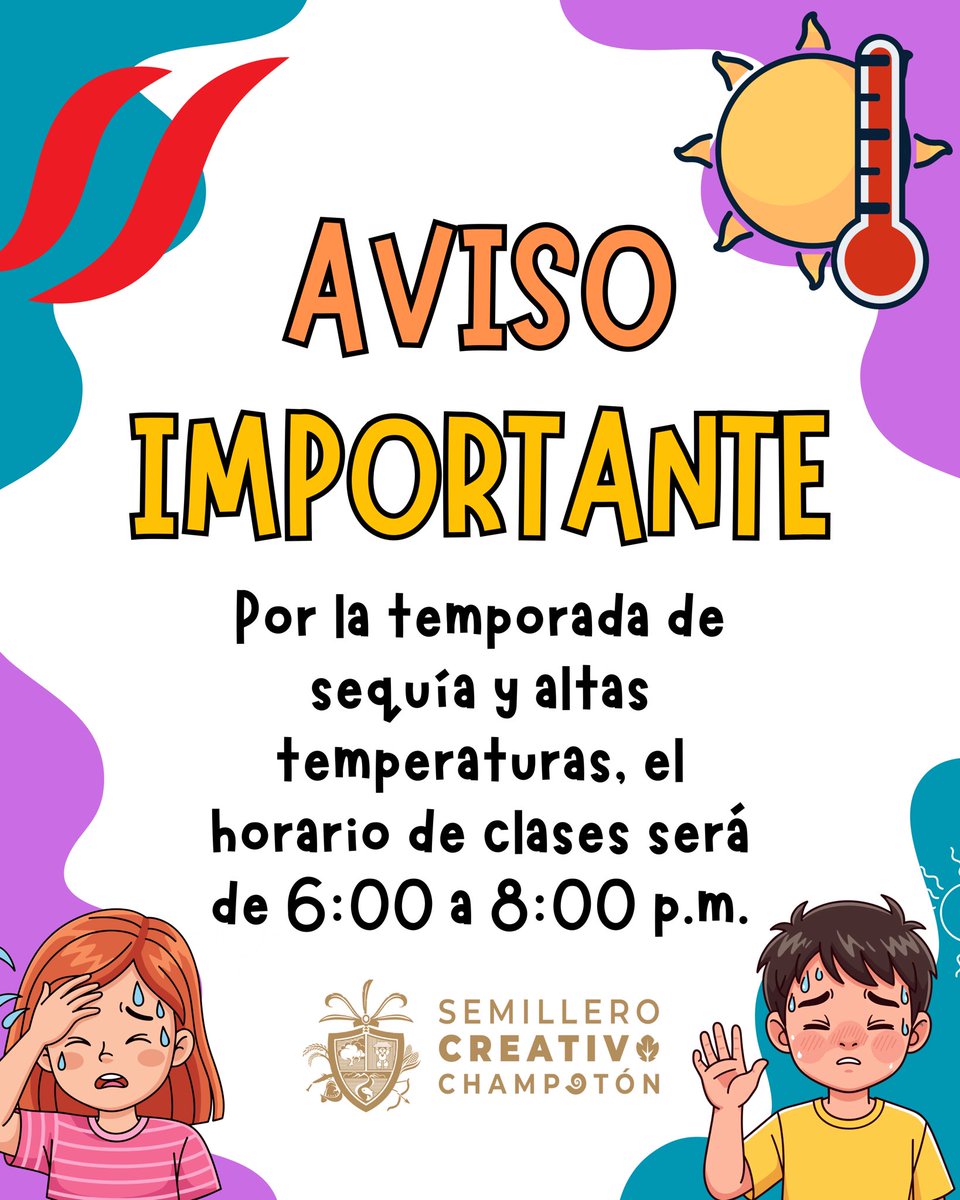 SCChampoton's tweet photo. Este programa, en acuerdo con los padres de familia y priorizando el bienestar de nuestros participantes, ha determinado un ajuste temporal en el horario de actividades para ambos grupos. Detalles en la imagen.

#EsTiempoDeChampotón #ChaacMandaLluvia #ChampotónSemilleroDelPueblo https://t.co/OVSZPDtCKV