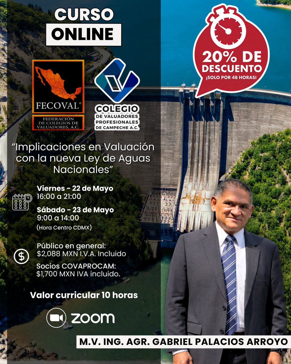 FECOVAL_AC's tweet photo. 🚨🔥 ¡20% DE DESCUENTO ÚNICAMENTE POR 48 HORAS! 🔥🚨

Aprovecha esta promoción especial e inscríbete al curso online organizado por el Colegio de Valuadores Profesionales de Campeche, A.C. y la FECOVAL:

💧 “Implicaciones en Valuación con la nueva Ley de Aguas Nacionales” https://t.co/lNvKIPQvFz