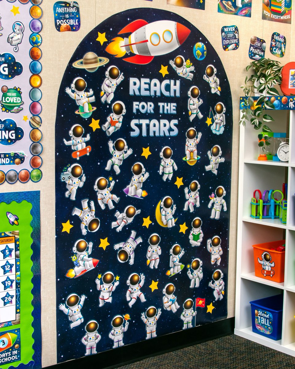 teachercreated's tweet photo. We created a portal to outer space with an out-of-this-world bulletin board. 🚀 Playful astronauts and a giant rocket ship inspire students to reach for the stars everyday! ⭐️ 

#ClassroomInspo #OuterSpaceCrew https://t.co/Aht4TQQ19c