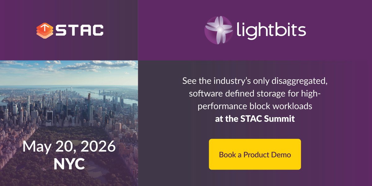 LightbitsLabs's tweet photo. Meet Lightbits at the STAC Summit in NYC on May 20, 2026, and see a live demo of our cutting-edge, software-defined storage for high-performance workloads. Reserve your demo today 👉 https://t.co/MXnyrYJcY7
 #STACSummit #SoftwareDefinedStorage #Lightbits https://t.co/qct0lGmekr
