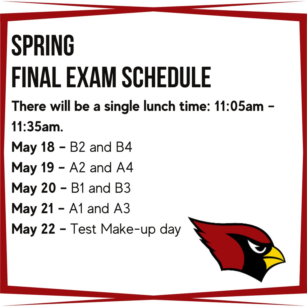 farmcardshs's tweet photo. Semester exams for FHS students will begin May 18! Please make note of the exam schedule. https://t.co/L4t9f4z3JJ