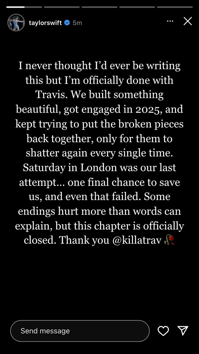 backndfendi's tweet photo. Taylor Swift announces her breakup with Travis Kelce via Instagram Story, says he cheated on her twice with her best friend 😬

“I had to cut off everyone, can you believe he cheated on me by having a threesome with my friends” https://t.co/38Wv40ae31