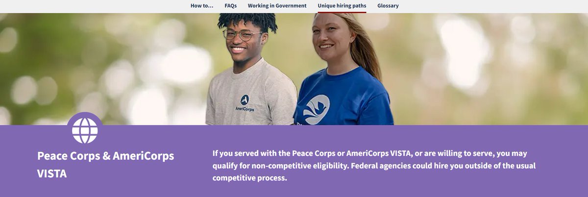 USAJOBS's tweet photo. Peace Corps or AmeriCorps VISTA alumni - this is kinda a cheat code!

Your service could make you eligible for non-competitive hiring—which means agencies may be able to hire you without the usual long process 😌

Yeah…you’re gonna want to look into that 👇
https://t.co/FPjwCb3IWX
