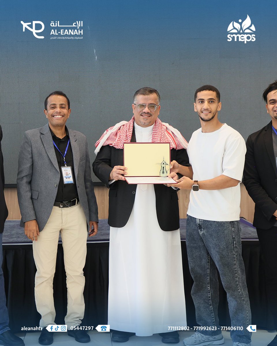 aleanahtr's tweet photo. Continuing the pride! Honoring our 6 ambassadors at the Embassy. Success is a team effort: they raised our flag, and Al-Eanah handled the logistics. Special thanks to #smepsyemen and our sponsors @isdb_group @SaudiDRPY https://t.co/j7CrxY1nm8