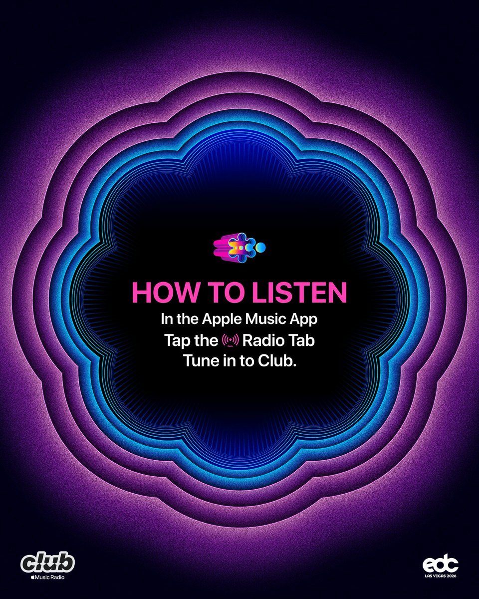 AppleMusic's tweet photo. Can’t make @EDC_LasVegas 2026 this year? We are partnering with the festival to bring you sets simulcasting live on Apple Music Club Radio and replaying for alt timezones - all weekend long 🙏 Look out for our livestream schedule on Friday, Saturday and Sunday. https://t.co/XkHB0aY8UE