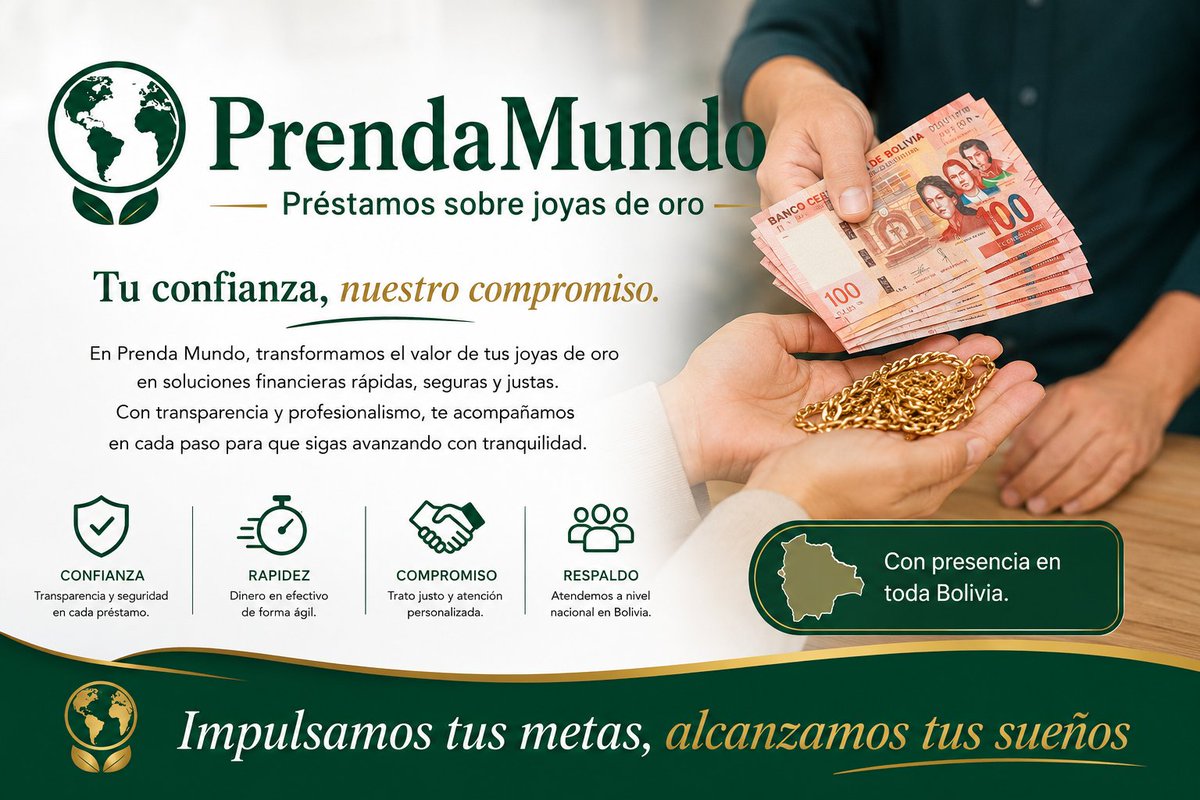 Prendamundo's tweet photo. ✨ En PrendaMundo convertimos tus joyas de oro en soluciones rápidas, seguras y confiables.
Trabajamos con transparencia y compromiso para ayudarte a cumplir tus metas, con atención en toda Bolivia. 🇧🇴💚 #PrendaMundo #Prestamosobrejoyasdeoro #Bolivia #Prestamosseguros #Joyasdeoro https://t.co/qyOtsAhYGP