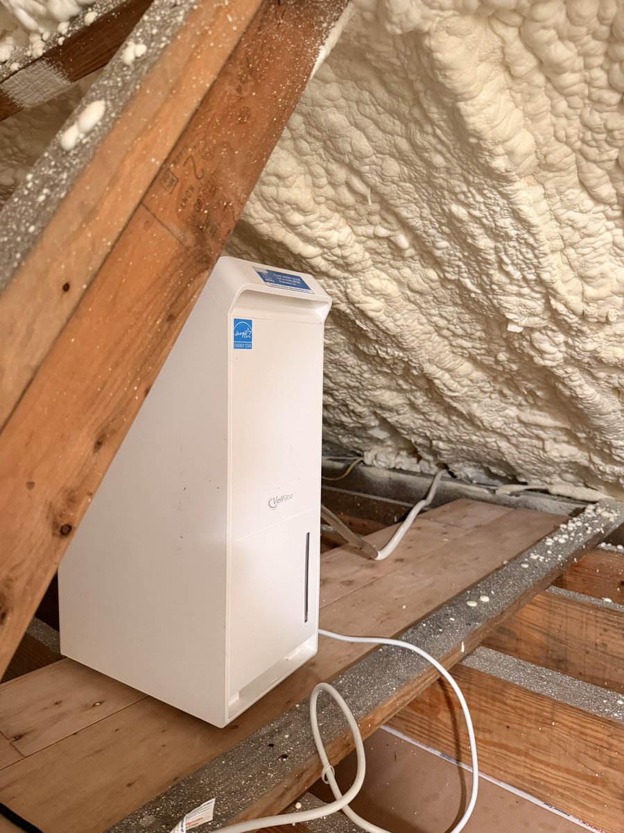 stangeorge's tweet photo. Here’s a pic of the gym’s attic set up, and the RH readings from the Xsense app from before/after the dehumidifier https://t.co/GdhdT5xheW