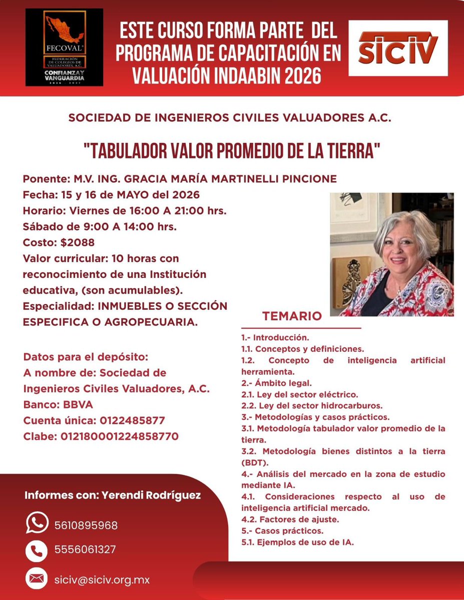 FECOVAL_AC's tweet photo. La Sociedad de Ingenieros Civiles Valuadores, A.C., en colaboración con la Federación de Colegios de Valuadores (FECOVAL), tienen el gusto de invitarle a participar en el curso:

“Tabulador Valor Promedio de la Tierra”

📅 Fecha: 15 y 16 de mayo de 2026
🕒 Horario: https://t.co/C9UKFE0nUO