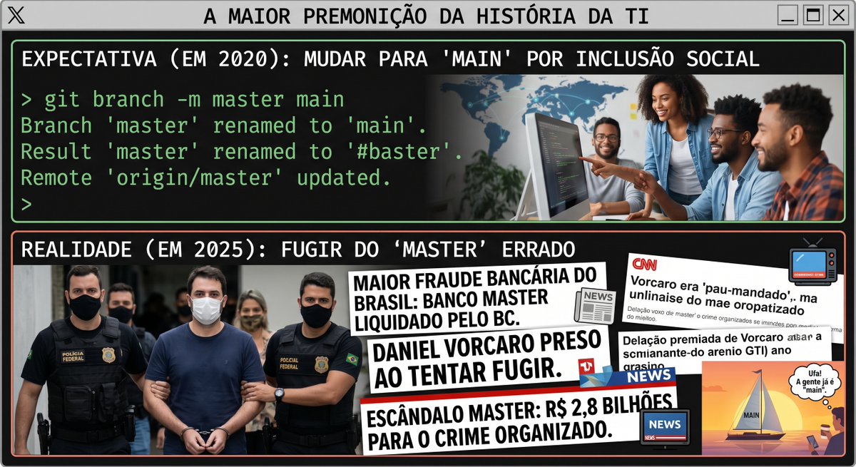 lfamorim's tweet photo. Inteligente mesmo é a comunidade dev. Previu o escândalo do Master anos atrás, já meteu um git branch -m master main e foi dormir em paz. https://t.co/zQzbm1MEFY