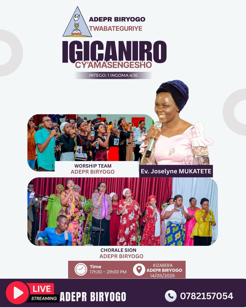 adeprbiryogo's tweet photo. Shalom Shalom, buri mu goroba wo kuwa  Kane   guhera saa 17:30' kugeza 21:00':00 ku rusengero rw'ADEPR Biryogo tuba dufite ibihe byiza haba hari abigisha mukunda muri benshi ndetse n'amakorari atandukanye, no kuruyu wa 14/05/2026 , ibihe byiza birakomeje. https://t.co/eHu9jXdqEM