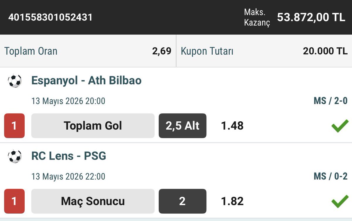 zerostrestahmin's tweet photo. 🤖 ZERO MATRIX SHOW YAPTI! 🎯 Espanyol-Ath. Bilbao (2.5 Alt) ve RC Lens-PSG (MS 2) maçlarıyla günün kazanan ikilisini nokta atışı bildik. Algoritma kusursuz çalıştı, kasalar doldu! 🔥 Stres yok, Zero var! 😎📈  #ZeroMatrix #GününKuponu #İddaaKazanç
• 📐 Veri kazandı, matematik kazandı! 💡 Zero Matrix algoritması, günün en değerli fırsatlarını cımbızla çekip aldı. ✅ 20.000 TL yatırım, 53.872 TL kazanç! 💪 Tesadüf değil, teknoloji! 🤖🚀 #KazandıranTahminler #Analiz #Gününİkilisi