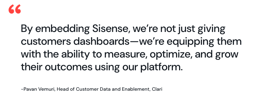 Sisense's tweet photo. ✅ The challenge: Faced with a build vs. buy decision, Clari needed to evolve from static, siloed analytics to a scalable, embedded analytics platform that could deliver interactive, trustworthy insights directly within its product experience. 

✅ The solution: Sisense provided a flexible, API-first analytics platform with a unified semantic layer, embedded capabilities, and AI-powered features to enable in-context analytics for Clari’s customers. Instead of build vs. buy, Clari opted to buy and build. With the needed resources on hand, developers could build custom products faster. 

✅ The impact: Clari delivered a self-service analytics experience that increased customer satisfaction, improved trust in data, and enabled faster decision-making.

Check it out ▶️ https://t.co/CdpHjnKMdK