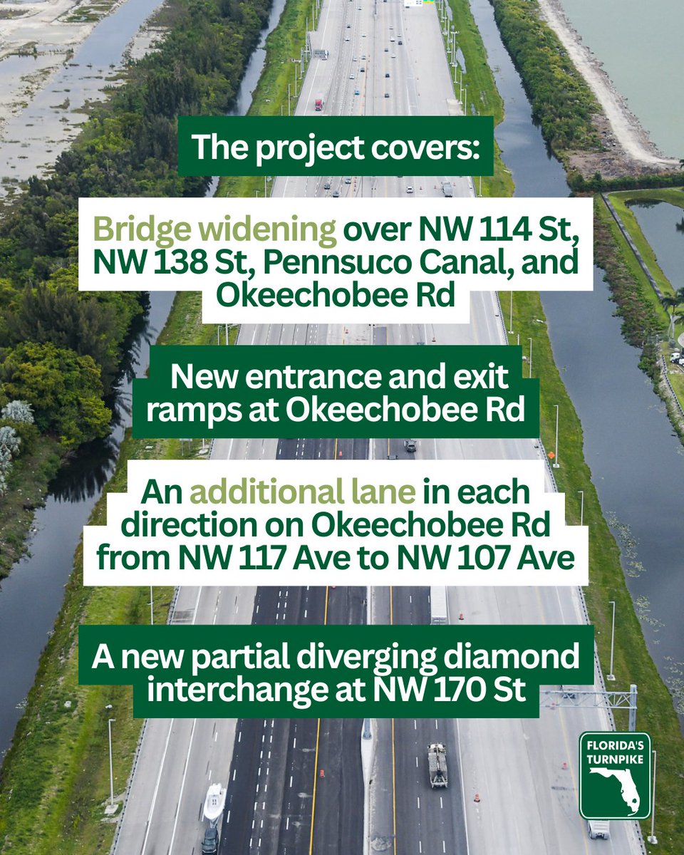 FloridaTurnpike's tweet photo. Big news for Miami-Dade drivers! 🚗 Florida’s Turnpike Enterprise is widening the Turnpike Extension (State Road 821) from 6 lanes to 10 lanes between NW 106 Street and I-75, and progress continues across the corridor!

• U.S. 27 is now fully open as of April 17th!
• Southbound lanes opened April 24th!
• Northbound lanes are on track to open in early June 🙌

More lanes. Improved traffic flow. Better connectivity. 

Stay tuned for more updates: https://t.co/mSJBx3DT8D