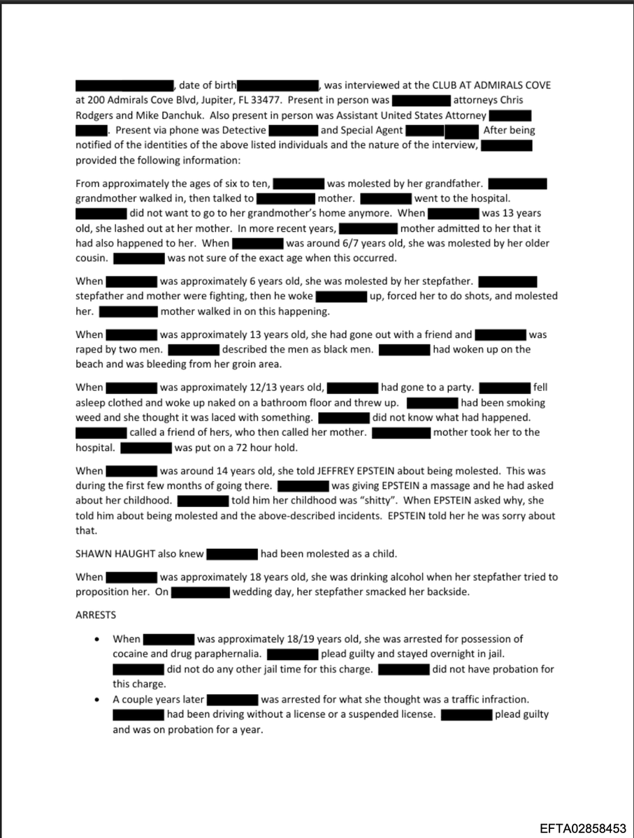 Liesorliars's tweet photo. This is a hard read for the Epstein Files. Please be advised before continuing:

These files show a woman disclosed years of childhood molestation to Jeffrey Epstein at age 14 while massaging him. He said he was sorry about that. The paid encounters continued and escalated to include other men and Ghislaine Maxwell's direct participation.

Palm Beach County records confirm Shawn Haught, accused in the transcript of holding a gun to her head, trying to drown her, and recent kidnapping threats, was charged with violently attacking another woman in May 2025. She stated she feared he would target her and her son.

The woman has filed a claim with the Epstein Victim Compensation Fund. She told interviewers she has no plans to sue Maxwell.

(Remainder of documents in comments)