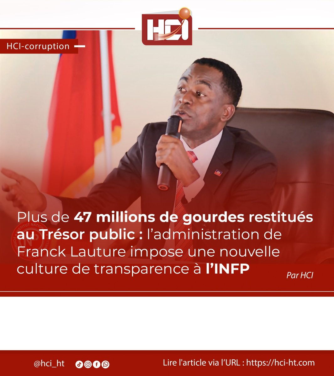 HCI_ht's tweet photo. HCI | Plus de 47 millions de gourdes restitués au Trésor public : l’administration de @LautureFranck impose une nouvelle culture de transparence à l’INFP

Au-delà des chiffres, cette initiative traduit une nouvelle orientation administrative au sein de l’INFP. Sous la direction de Franck Lauture, l’institution affirme son ambition d’instaurer davantage de discipline dans la gestion des ressources publiques, tout en renforçant les mécanismes de contrôle interne et de traçabilité financière.

Dans un... Lire la suite via ce lien : https://t.co/8g7gI6766Z