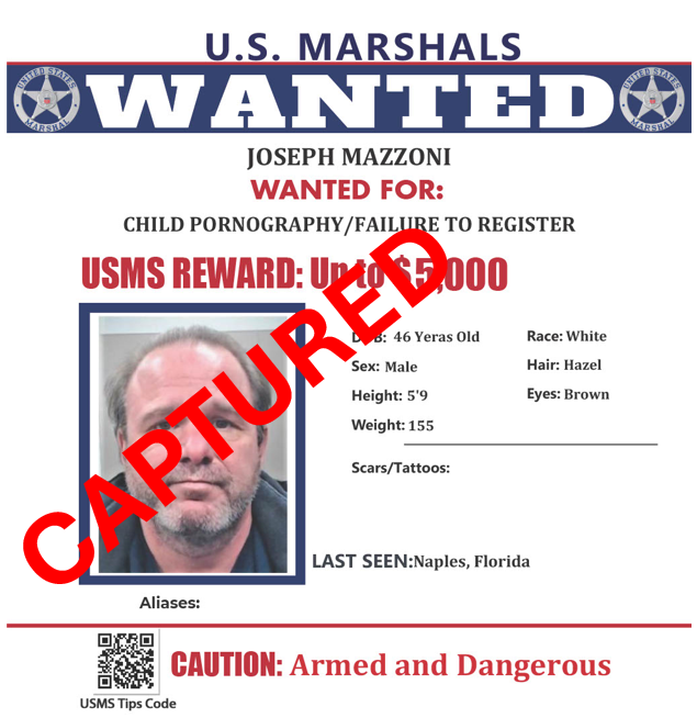 USMS_Philly's tweet photo. A fugitive sex offender wanted by @PAStatePolice for failure to register and dissemination of child sex acts, has been arrested by @USMS_Philly and the Florida/Caribbean Regional TF. Joseph Mazzoni was arrested by Marshals after he was found living in the woods in Naples, FL. https://t.co/5JE2wkvLmz
