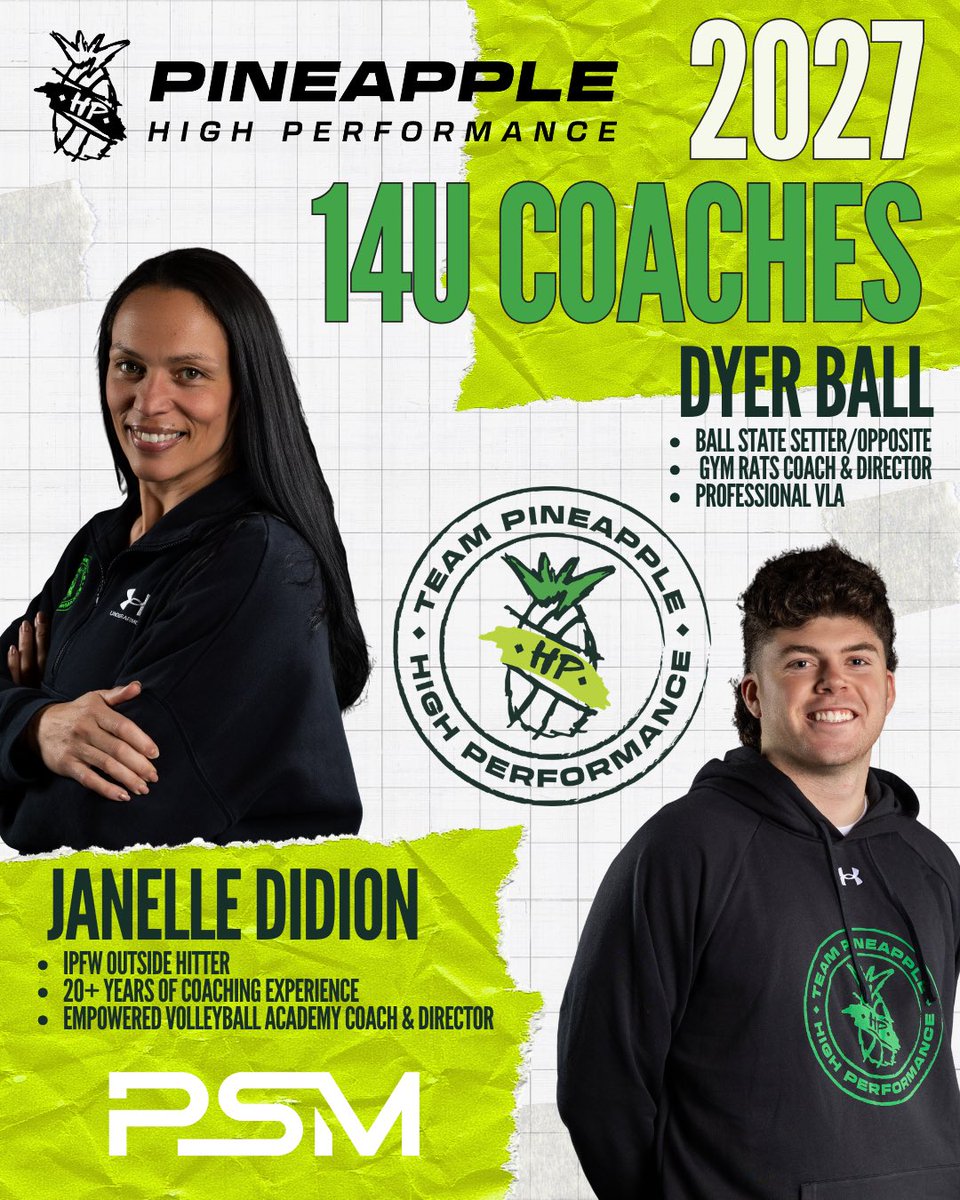 PineappleHPA's tweet photo. Introducing Coach Janelle Didion and Coach Dyer Ball, your 2026-27 14u PHP Coaches

Don’t miss our 14u tryouts!
June 24th at the PSM Fieldhouse | 5-7pm

Pineapple High Performance - Where CHAMPIONS go for GOLD!

https://t.co/5NoZDxNmvl https://t.co/pprcBWwFpP
