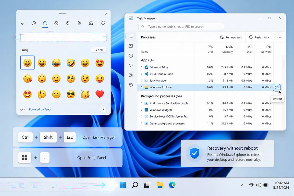 windowsforum's tweet photo. 🫠 Emoji picker search missing again? Just restart Explorer—no reboot. Cute. This matters because the “shell” is Windows’ glue, and when it cracks, even 👀 feels broken. #Windows #Windows11
https://t.co/g2ikcTIfGN
#Windows11 #EmojiPicker #WindowsExplorer #TaskManagerRestart https://t.co/IkwIY4pKvT