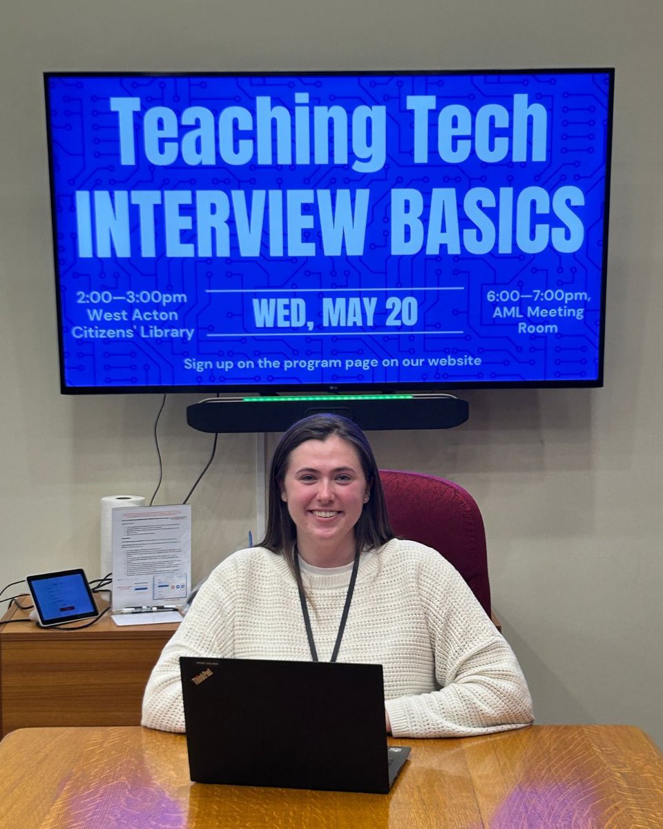 ActonCitLibrary's tweet photo. Teaching Tech @ West - Interview Basics! Wed, May 20, 2—3PM, West Acton Citizens' Library. Sign up on the program page on our website here: https://t.co/cR0AM34Ifk 
See bio for accessibility info. https://t.co/YGNhNi5kPh