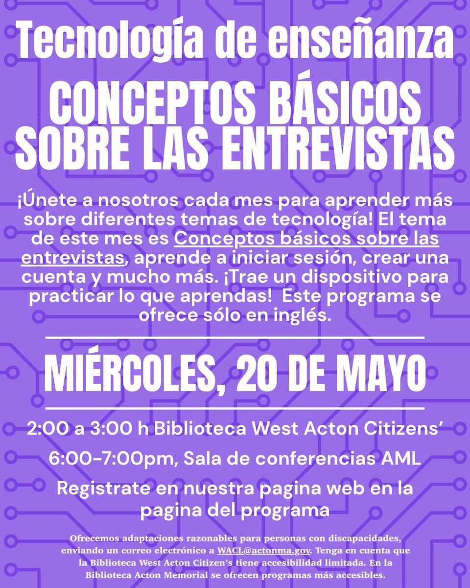 ActonCitLibrary's tweet photo. Teaching Tech @ West - Interview Basics! Wed, May 20, 2—3PM, West Acton Citizens' Library. Sign up on the program page on our website here: https://t.co/cR0AM34Ifk 
See bio for accessibility info. https://t.co/YGNhNi5kPh