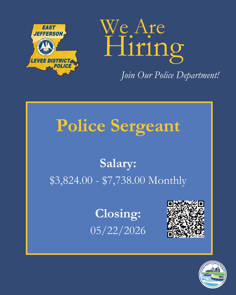SLFPAE's tweet photo. Join our team! The East Jefferson Levee District Police Department is hiring a Police Sergeant.
 
To learn more or apply, visit https://t.co/8wrY3kHj3E or scan the QR code.

This position closes on May 22.

#lagov #civilservice https://t.co/0NoQNlPvFK
