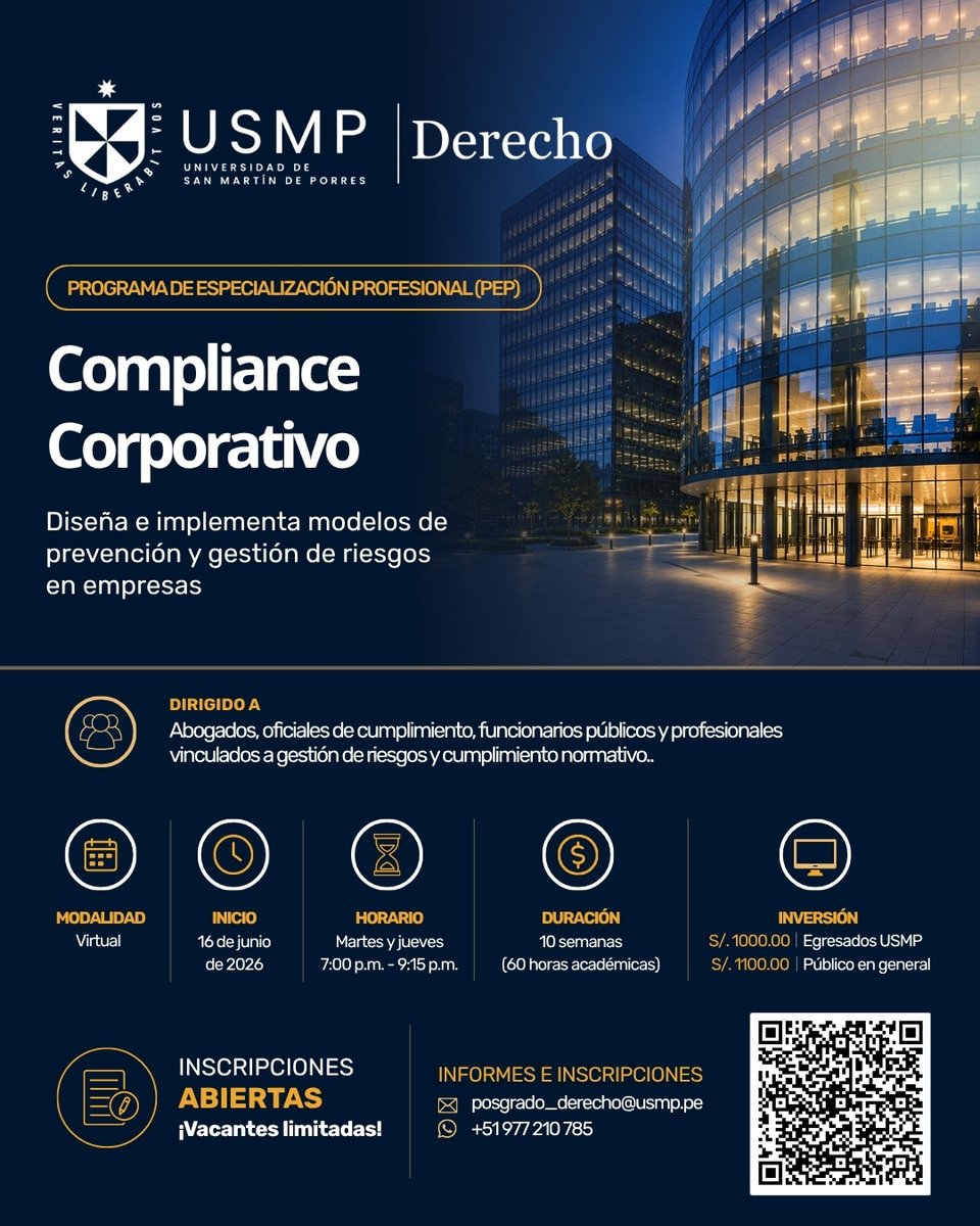 USMPDerecho's tweet photo. Programa de Especialización Profesional (PEP)
Compliance Corporativo
Informes: posgrado_derecho@usmp.pe
Whatsapp: +51 977 210 785 https://t.co/8qy8cGjO6t
