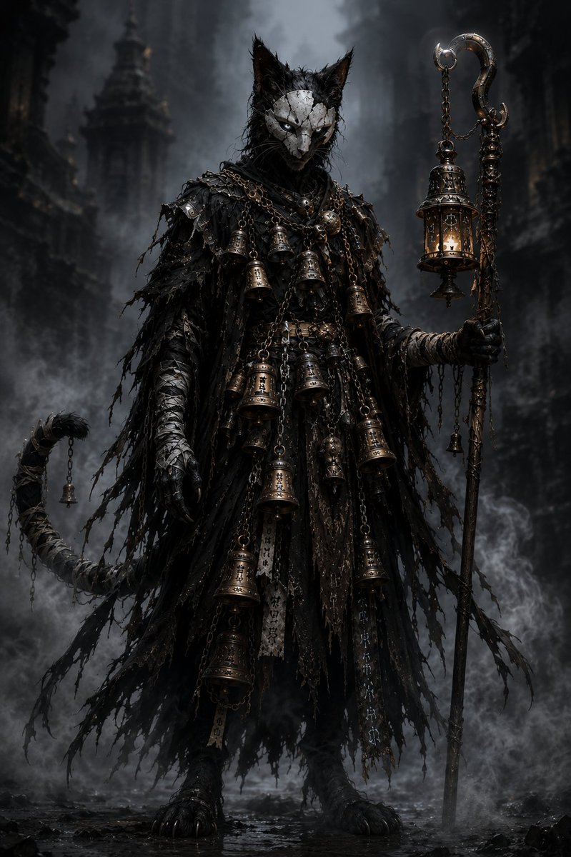 zubixthegreatt's tweet photo. Here is my entry for @ZARGATES & @pvp_vibe creative contest 

Race : cat people 

Vael Nox was once a temple listener of the Temple of Echoes in the fallen kingdom of Valdir, a monk trained to interpret sacred bells said to carry divine warnings of 

One night, every bell in the temple began ringing without end, foretelling the death of the entire kingdom. 

Vael begged the rulers to listen, but they dismissed him. By dawn, Valdir was ash and ruin. 

Thousands died, and Vael was blamed for a catastrophe he had only tried to prevent.
Shattered by guilt and rejection, he cut out his own tongue so he could never again be silenced or misunderstood. 

He bound the cursed bells to his body and vanished into the foglands.
Now Vael Nox wanders wordlessly, and the bells speak for him.

They no longer ring at random they ring before someone important dies.

People fear him not because he kills, but because his arrival means fate already has.

Some call him a prophet, others whisper that the bells are alive, using him as their vessel.

So the legend of Vael Nox lives on : a silent omen no one dares ignor

#AIart #zargates #pvpvibe 

Tagging 3 creators 
@Lionieio 
@Just_komu 
@crypto_tytn