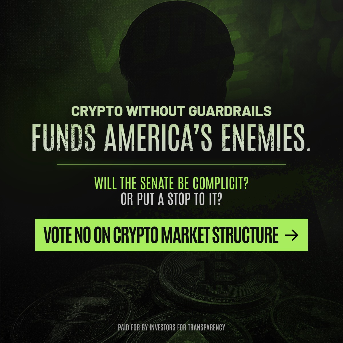 USTransparent's tweet photo. Any crypto bill that ties law enforcement's hands is a gift to hackers, fraudsters, and foreign adversaries. 

Safeguards aren't optional – they're essential to our national security. @BankingGOP/@SenateBanking: Hold the line and protect American investors: