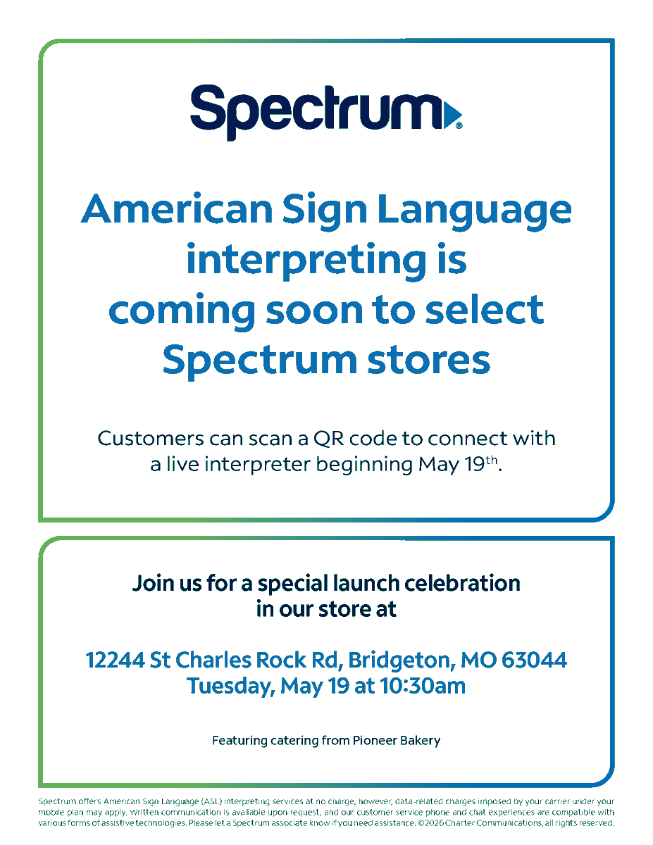 SpectrumA11y's tweet photo. St. Louis, the wait is almost over. Virtual ASL is coming soon to select Spectrum stores in Missouri, and we're excited to celebrate with you. Come by to try the service, learn how it works, and see how it helps create a more accessible in-store experience. #Accessibility #ASL https://t.co/1MC3ryhzoi