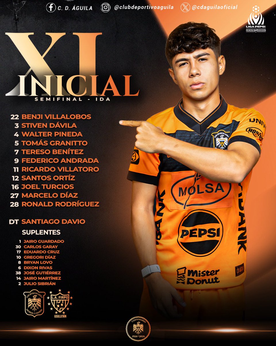 cdaguilaoficial's tweet photo. 🖊️📋 | Este es el 11 inicial de 𝘾𝙡𝙪𝙗 𝘿𝙚𝙥𝙤𝙧𝙩𝙞𝙫𝙤 Á𝙜𝙪𝙞𝙡𝙖 para esta tarde. 💪🏼

¡VAMOS EQUIPO, VAMOS ÁGUILA! 🦅🔥

#VamosÁguila | #ElMásGrande | #Centenario2026 | https://t.co/YQlwpn2PvK https://t.co/vXcDMUdkk3