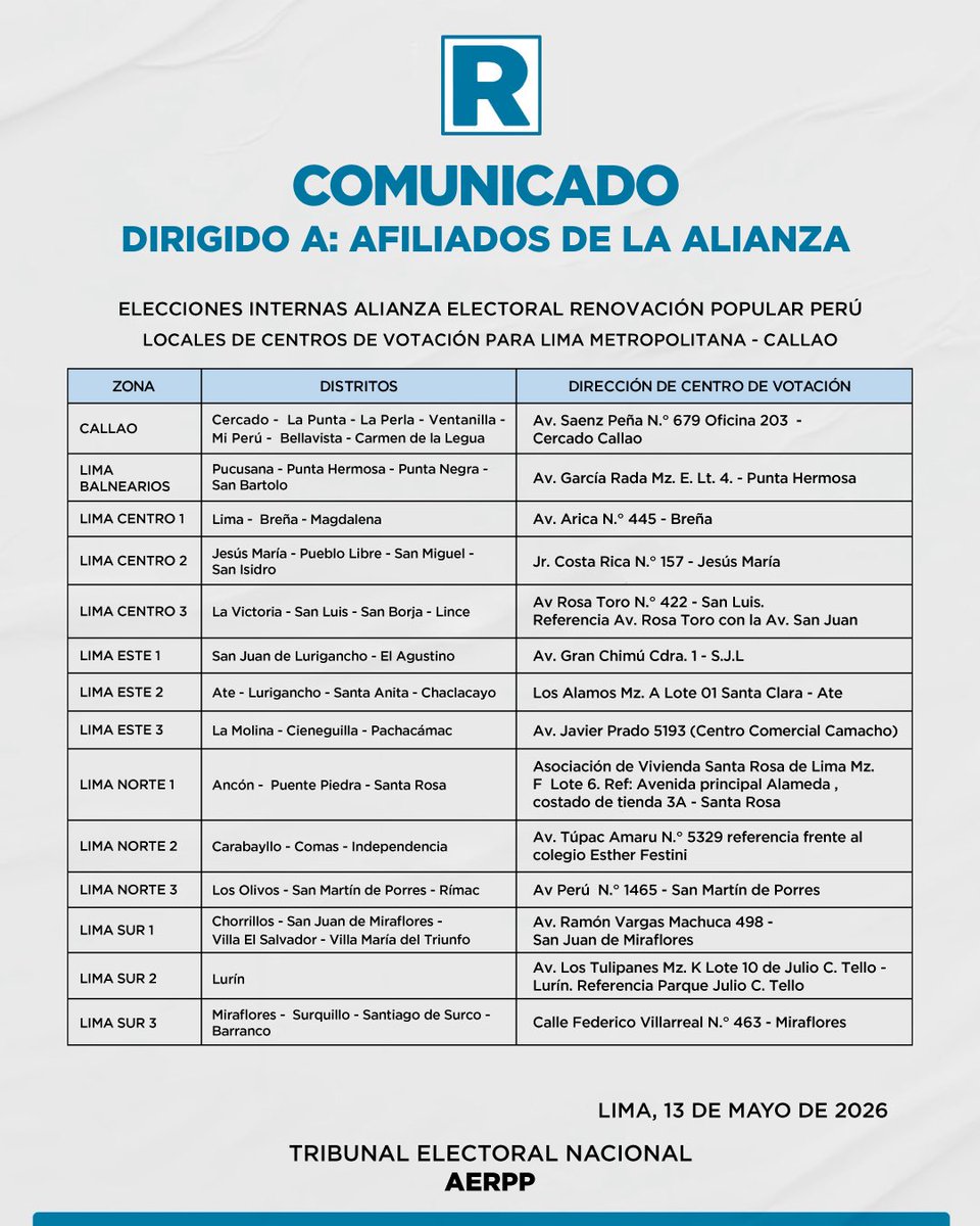 Renovacion_Peru's tweet photo. 🚨 #ATENCIÓN | La Alianza Electoral Renovación Popular Perú convoca a todos sus afiliados a participar en la jornada electoral interna del día 17 de mayo de 2026, en la cual se elegirán a los delegados de la alianza. https://t.co/nle8QJ0LpJ