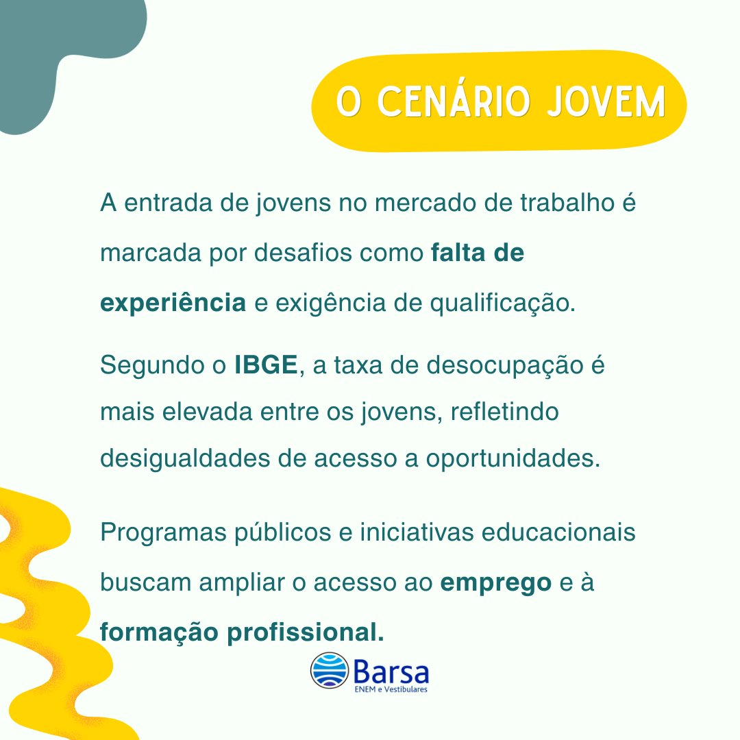 Barsa_ofc's tweet photo. A inserção dos jovens no mercado de trabalho envolve desafios e oportunidades. Compreender esse cenário amplia o repertório para provas e para a análise da realidade social.

#BarsaNaRede #Juventude #Educação #MercadoDeTrabalho https://t.co/rwMYFZ6Fpc