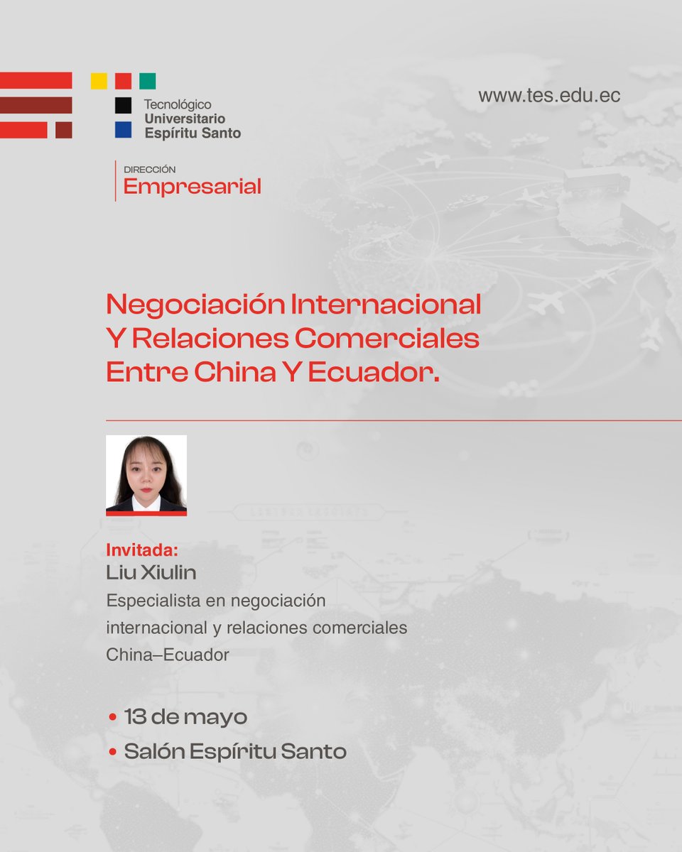 TesEcuador's tweet photo. 📦 El mundo de los negocios internacionales se conecta en EXPOCOMEX TES 2026

Prepárate para aprender junto a expertos que compartirán experiencias reales sobre exportaciones, relaciones comerciales y oportunidades en mercados globales. ✨

Contaremos con la participación de:
🇨🇳 Liu Xiulin — Especialista en negociación internacional y relaciones comerciales entre China y Ecuador.
🇺🇸 Enrique Rojas — Coordinador de Negocios Internacionales de TradeBiz.

Una oportunidad para conocer cómo funcionan realmente los mercados internacionales y hacia dónde se mueve el comercio global. 🌍

📅 13 de mayo
📍 Salón Espíritu Santo
