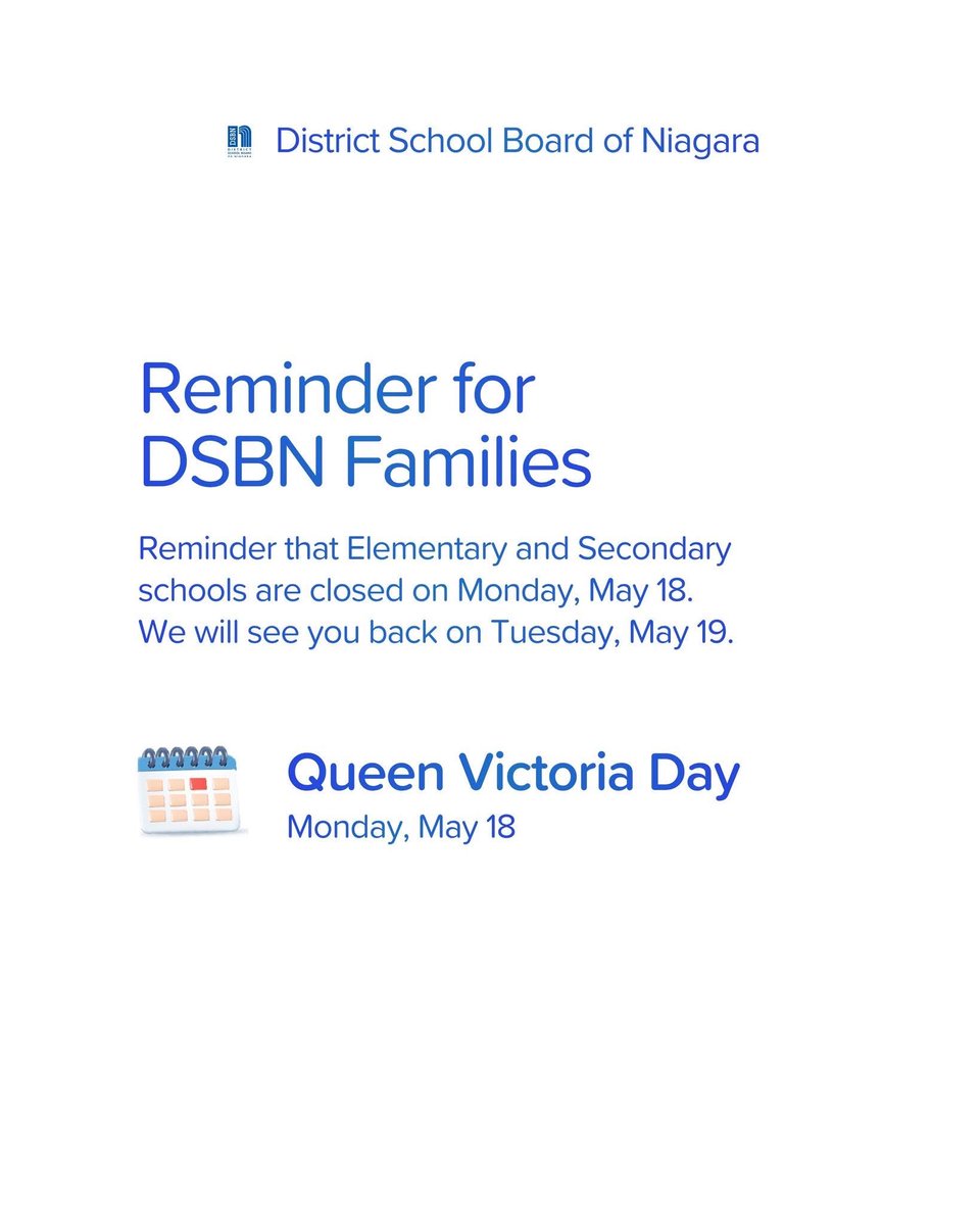ForKlassen's tweet photo. 📣 Reminder

All Elementary and Secondary schools are closed on Monday, May 18.

We will see you back on Tuesday, May 19!
#dsbn https://t.co/MYEJ98xoS6