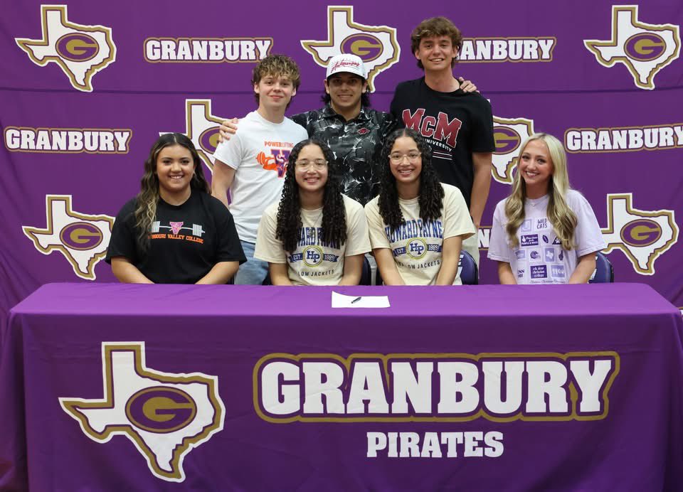 Coach_LMoore's tweet photo. Granbury ISD Athletics recognized seven student-athletes during the Spring Sport Signing Day ceremony held this afternoon! 

The following student-athletes signed to continue their athletic and academic careers at the collegiate level:

🏊Cameron Ward - McMurry University
🏋️‍♀️Estrella Diaz - Missouri Valley College
🏋️‍♀️Gavin Osko - Missouri Valley College
🏋️‍♀️Lucas Dimas - University of Arkansas
🏀Jolie Hayes - Howard Payne University
🏀Jayla Hayes - Howard Payne University
📣Raegan Boling - Abilene Christian University 

In addition to their athletic accomplishments, all seven student-athletes were also named Academic All-State selections in their respective sports, highlighting their dedication and success both in competition and in the classroom.

Each student-athlete was recognized and celebrated during the ceremony alongside family members, coaches, teammates, and friends in attendance.

Granbury ISD congratulates these student-athletes on their accomplishments and wishes them continued success as they take the next step in their athletic and academic journeys. 
💜🏴‍☠️💛