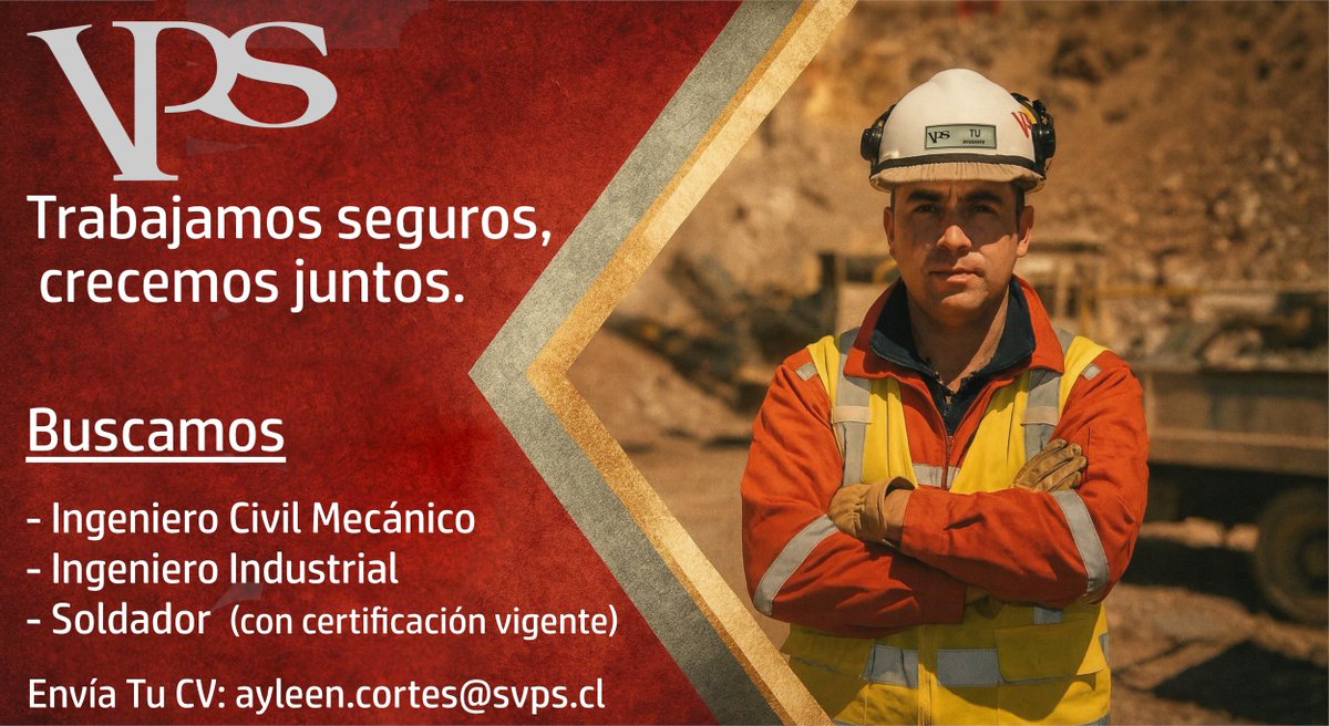 VpsSpa's tweet photo. Twitter / X:

📢 ¡VPS SpA está buscando profesionales y técnicos!
Buscamos:
🔹 Ingeniero Civil Mecánico
🔹 Ingeniero Industrial
🔹 Soldador (con certificación vigente)

📍 Residencia en Alto Hospicio.
📧 Envía tu CV a: ayleen.cortes@svps.cl

#Empleo #Trabajo #AltoHospicio https://t.co/dWAaVLOPlt