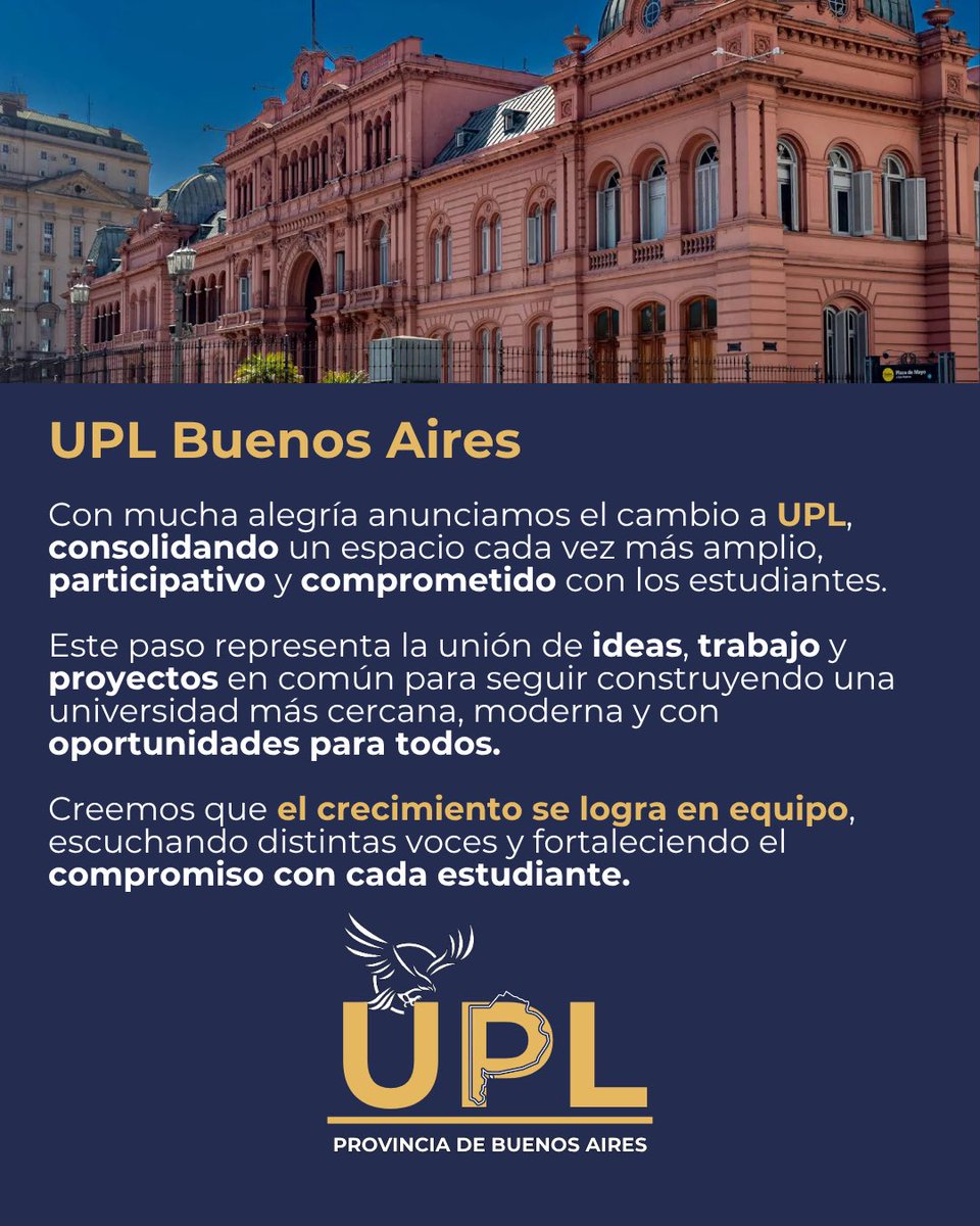 upl_buenosaires's tweet photo. 💙Con mucha alegría anunciamos el paso a UPL 💙

Entendemos la importancia de dar esta batalla cultural en cada universidad de la provincia de Buenos Aires.

👉 El cambio se hace con el fin de mantener una misma impronta en cada provincia, por que esta batalla cultural la damos todos juntos.

💙 En frente tenemos un status quo universitario que se rehúsa a reflexionar y a solucionar los problemas tan evidentes que tienen las universidades: desde lo estructural, hasta algo tan importante como la tolerancia y convivencia democrática.

🇦🇷 Defendemos una universidad pública, transparente y de calidad. Y siendo esto así, nuestro objetivo es una universidad en la que cada argentino puede desarrollarse como profesional y como un ciudadano libre.

💙VIVA LA UNIVERSIDAD PÚBLICA💙