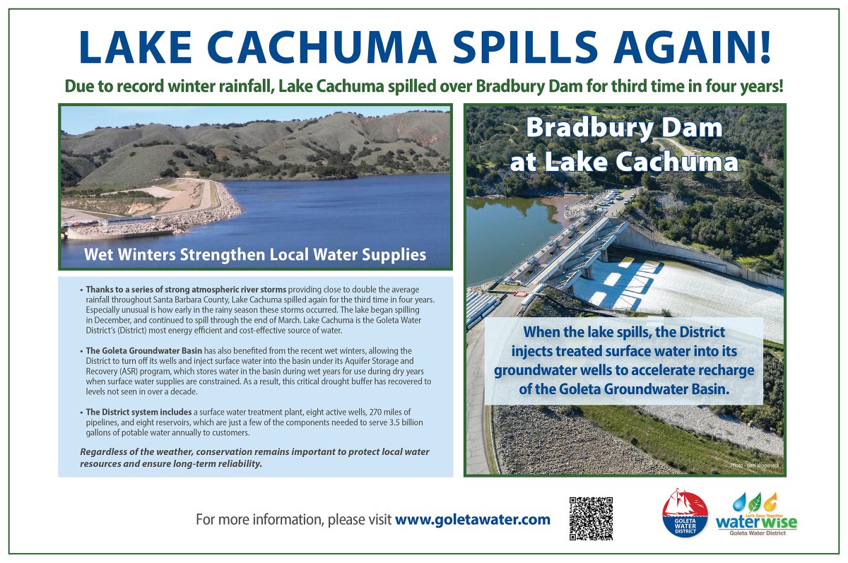 GoletaWater's tweet photo. Due to record rainfall this winter, Lake Cachuma spilled over Bradbury Dam for the third time in four years (December through March), strengthening local water supplies. Read more at https://t.co/Djfa8awoGa https://t.co/YJyPuAxiFV