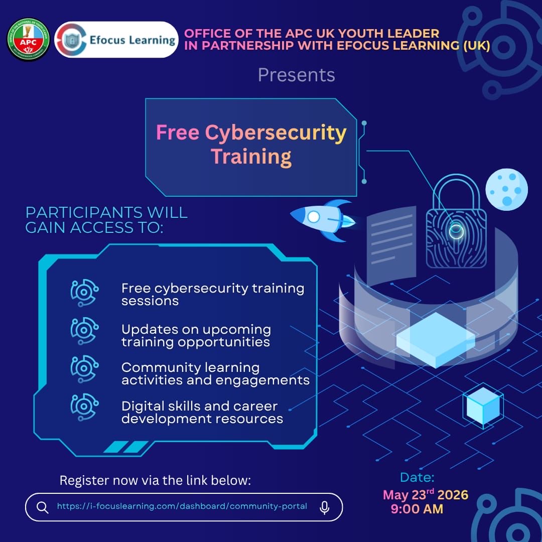 APC_UKYOUTH's tweet photo. The Office of the APC UK Youth Leader, in partnership with Efocus Learning (UK), is pleased to offer a FREE Cybersecurity Training Programme. 
Participants will benefit from Free cybersecurity training &amp; more

To receive further information portal below:

https://t.co/Edd6UXEHle https://t.co/UNuDDxzm2r