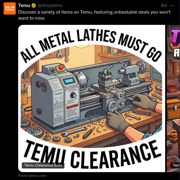 FarZenith's tweet photo. I dont know when I'll die, but I know how - it will be from a temu clearance metal lathe https://t.co/6vv1uK4PlM