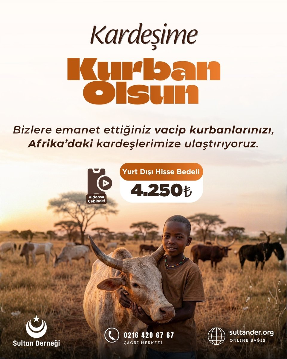 Sultandernegi's tweet photo. Sultan Derneği olarak 2026 Yılı Vekâletle Yurt Dışı Vacip Kurban Organizasyonumuz Başladı!

لَن يَنَالَ اللَّهَ لُحُومُهَا وَلَا دِمَاؤُهَا وَلَٰكِن يَنَالُهُ التَّقْوَىٰ مِنكُمْ

“Onların ne etleri Allah’a ulaşır ne de kanları; O’na ulaşacak olan sadece sizin takvânızdır.”
(Hac Suresi, 37. Ayet)

Kurban ibadeti, durumu müsait olan her Müslümana vacip olan büyük bir ibadettir.
Bu ibadeti hakkıyla yerine getirmek ve bayram sevincini paylaşmak ise müminin sorumluluğundandır.

Sultan Derneği olarak biz de bu bilinçle, kurban sevincini dünyanın dört bir yanındaki ihtiyaç sahipleriyle buluşturmak için çalışmalarımıza başladık.
Emanet aldığımız kurban vekâletlerini, İslami usullere uygun şekilde ve büyük bir titizlikle keserek; Afrika ve Asya’nın mazlum coğrafyalarına ulaştırıyoruz.

Siz de vacip olan bu ibadeti yerine getirirken, “Bu bayramda kardeşime kurban olsun” diyerek bağışınızı yapabilir; binlerce kilometre uzaktaki sofralara misafir olabilirsiniz.

📲 Kesim videolarınız cep telefonunuza gönderilmektedir.

🐄 Yurtdışı Büyük Baş Hisse Bedeli: 4.250₺

🌐 [https://t.co/qBw7BuWaUy](https://t.co/0gP1Ye4x69)
📞 0216 420 67 67

#kurbanorganizasyonu #yurtdışı #kurban #vacipkurban #kurbanbağış