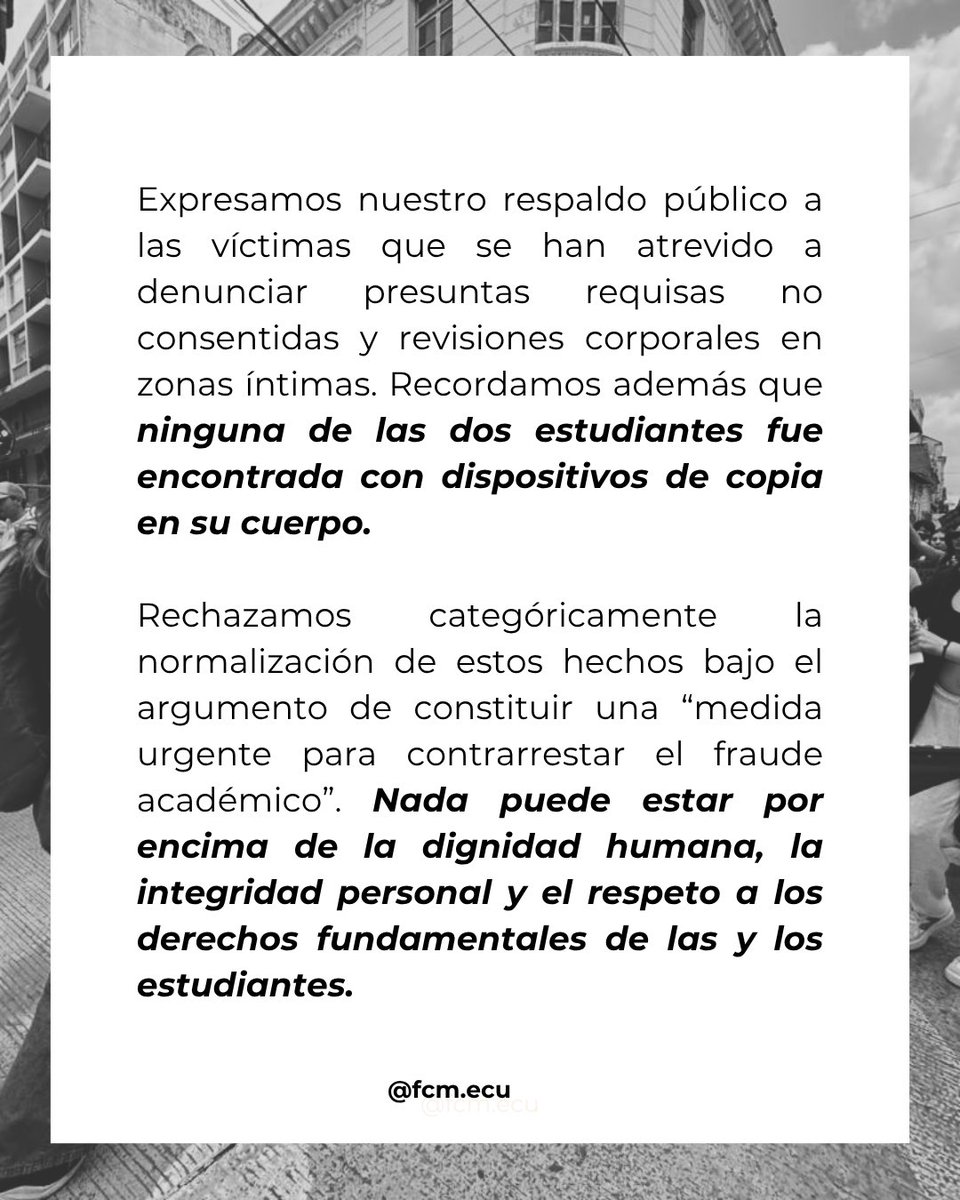 CFeministaUni's tweet photo. ‼️PRONUNCIAMIENTO COLECTIVO‼️

Organizaciones de mujeres, feministas, LGBTIQ+, defensores y defensoras de derechos humanos del Ecuador nos pronunciamos sobre el caso de presuntos tocamientos, actos de violencia y requisas invasivas en un examen de Farmacología en la #UCE.

(1/2) https://t.co/GHYxvw04lG