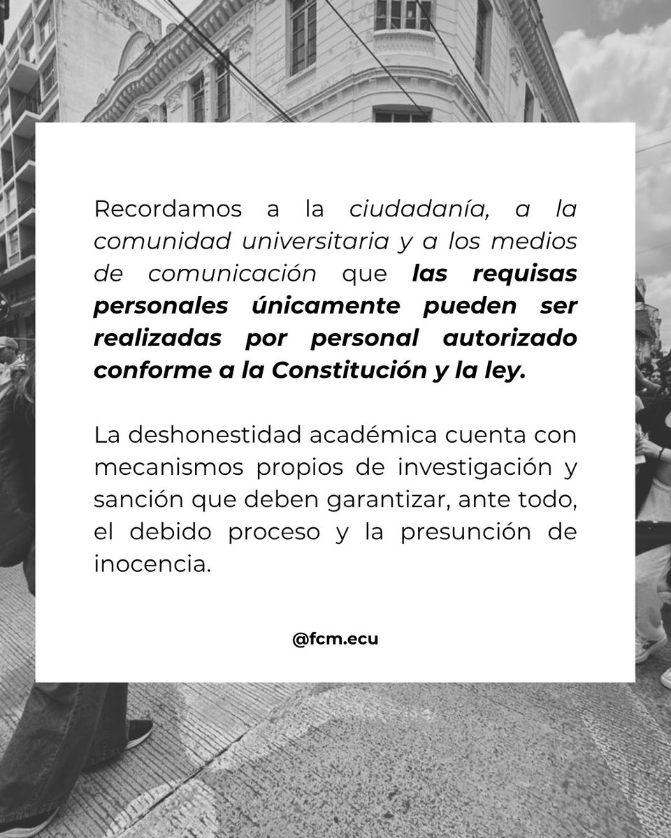 CFeministaUni's tweet photo. ‼️PRONUNCIAMIENTO COLECTIVO‼️

Organizaciones de mujeres, feministas, LGBTIQ+, defensores y defensoras de derechos humanos del Ecuador nos pronunciamos sobre el caso de presuntos tocamientos, actos de violencia y requisas invasivas en un examen de Farmacología en la #UCE.

(1/2) https://t.co/GHYxvw04lG