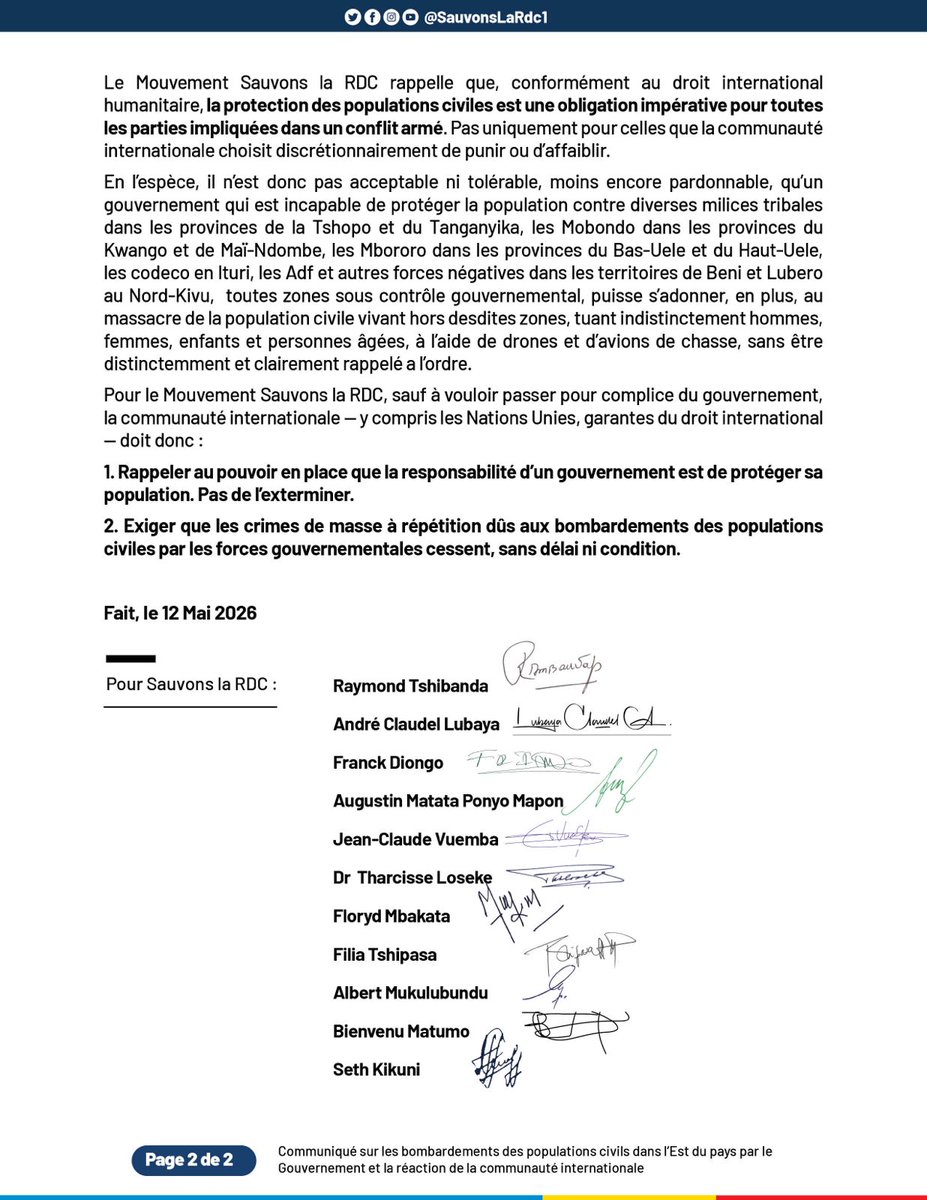 StanysBujakera's tweet photo. #RDC: Le mouvement d'opposition « Sauvons la RDC » dirigé par Joseph Kabila, accuse les forces armées congolaises d'avoir "délibérément" bombardé par drone des civils à Mushaki, en territoire de Masisi, le 8 mai, faisant plusieurs morts et blessés. 

Dans un communiqué signé le 12 mai par onze personnalités, dont les anciens ministres Raymond Tshibanda et Augustin Matata Ponyo Mapon, le mouvement qualifie ces frappes de « crimes de guerre et crimes contre l'humanité » et exige l'ouverture d'une enquête internationale indépendante. 

Il reproche en outre aux États-Unis et à la MONUSCO, qui ont condamné l'attaque, de ne pas avoir désigné nommément les responsables ni mentionné les bombardements simultanés d'Ilundu et Gakenke dans le Minembwe.