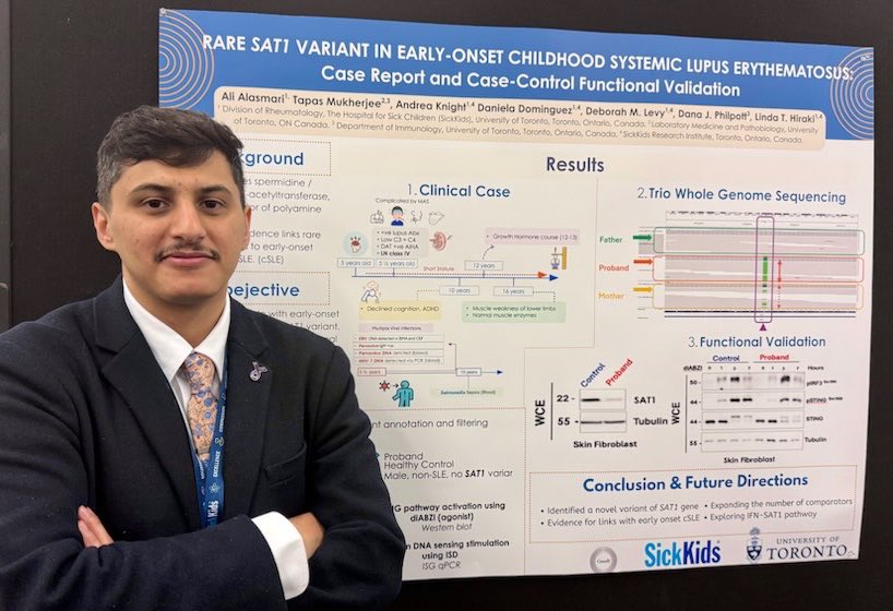 Ali__Alasmari's tweet photo. Presented our work on a rare SAT1 variant in early-onset childhood SLE, combining clinical findings with functional validation studies.

A reminder of how genetics and translational research continue to reshape our understanding of lupus and immune dysregulation.

Grateful to the teams at #SickKids and University of Toronto. #Lupus #Rheumatology #UofT