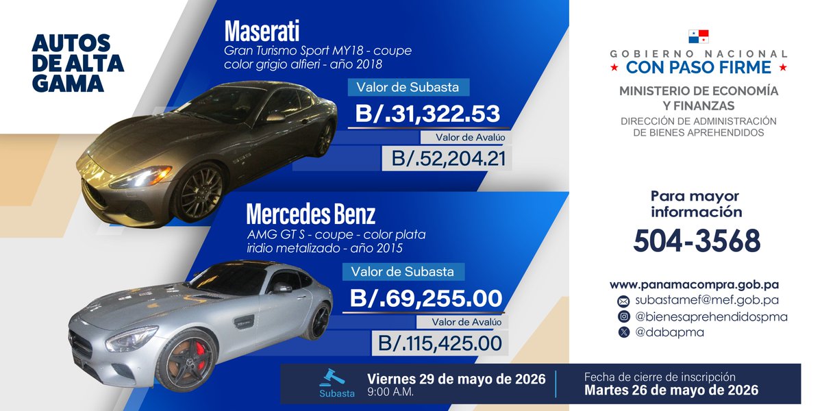 dabapma's tweet photo. Les invitamos a participar de la siguiente subasta pública.

✅Subasta: 29-mayo-2026, 9:00 a.m.
✅Cierre de inscripción: 26 -mayo-2026, 3:00 p.m.
✅Pliego en https://t.co/mu2kPoqnC0
✅Acto No. N°2026-0-16-0-03-SB-020678

Información y citas: 📞504-3568

#subastas #conpasofirme https://t.co/zHRHQTD71Q