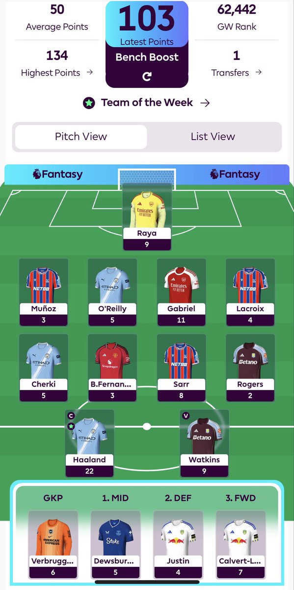 DaceCFC's tweet photo. @OfficialFPL 103 all out. TC left. Palace assets let me down but a good BB. https://t.co/telhU3701y